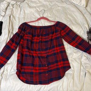 Navy and Red off the shoulder flannel.